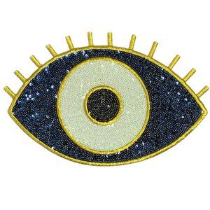 NEW Large Evil Eye Blue White Sequins Gold Embroidered Iron On Patch